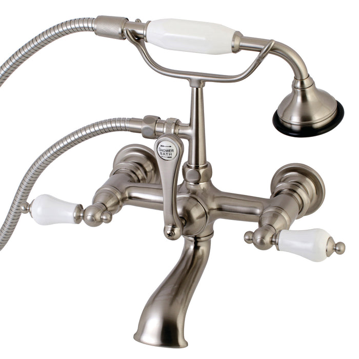 Kingston Heirloom AE553T8 - Aqua Vintage Three-Handle 2-Hole Tub Wall Mount Clawfoot Tub Faucet with Hand Shower, Brushed Nickel