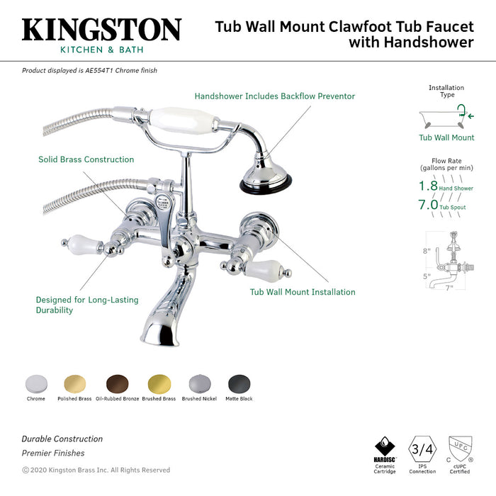 Kingston Heirloom AE554T1 - Aqua Vintage Three-Handle 2-Hole Tub Wall Mount Clawfoot Tub Faucet with Hand Shower, Polished Chrome