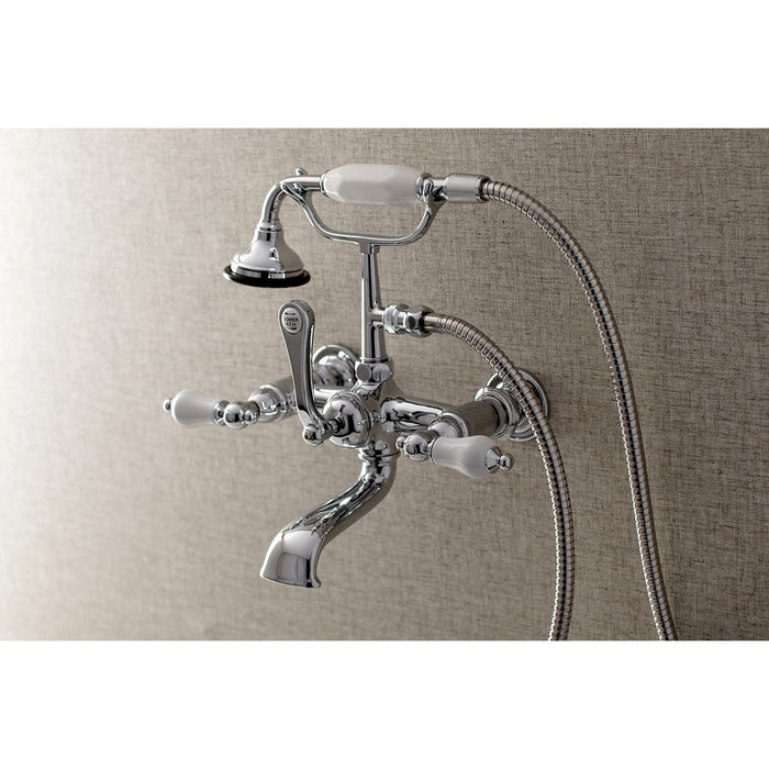 Kingston Heirloom AE554T1 - Aqua Vintage Three-Handle 2-Hole Tub Wall Mount Clawfoot Tub Faucet with Hand Shower, Polished Chrome