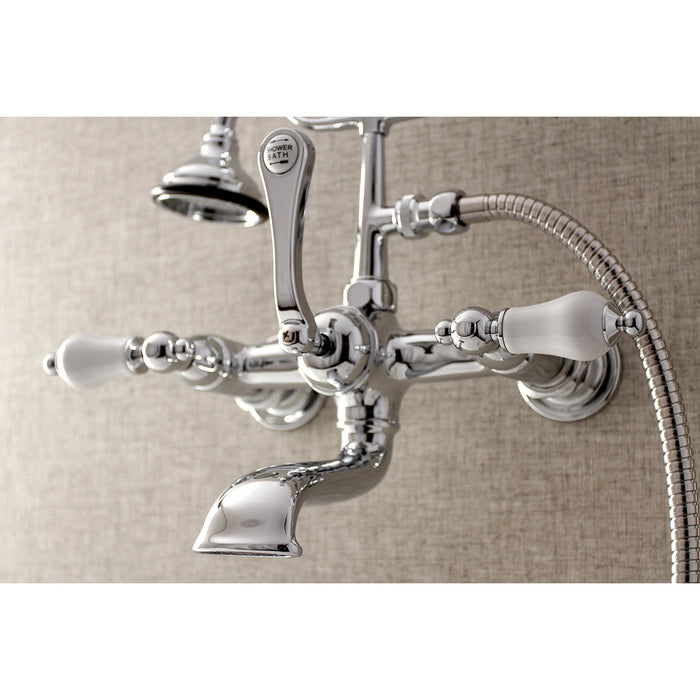 Kingston Heirloom AE554T1 - Aqua Vintage Three-Handle 2-Hole Tub Wall Mount Clawfoot Tub Faucet with Hand Shower, Polished Chrome