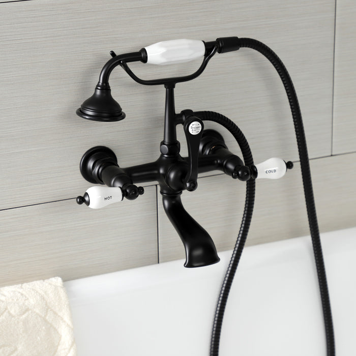 Kingston Heirloom AE555T0 - Aqua Vintage Three-Handle 2-Hole Tub Wall Mount Clawfoot Tub Faucet with Hand Shower, Matte Black
