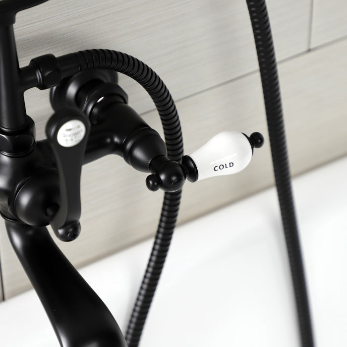 Kingston Heirloom AE555T0 - Aqua Vintage Three-Handle 2-Hole Tub Wall Mount Clawfoot Tub Faucet with Hand Shower, Matte Black
