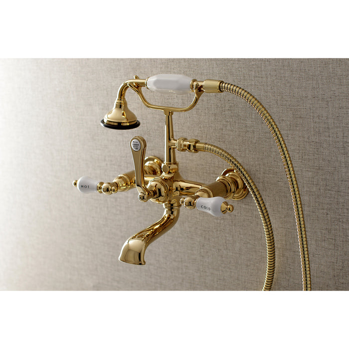 Kingston Heirloom AE555T2 - Aqua Vintage Three-Handle 2-Hole Tub Wall Mount Clawfoot Tub Faucet with Hand Shower, Polished Brass