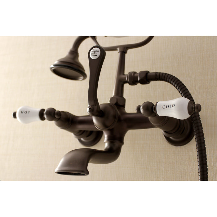 Kingston Heirloom AE555T5 - Aqua Vintage Three-Handle 2-Hole Tub Wall Mount Clawfoot Tub Faucet with Hand Shower, Oil Rubbed Bronze