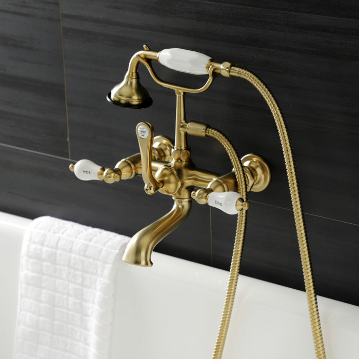 Kingston Heirloom AE555T7 - Aqua Vintage Three-Handle 2-Hole Tub Wall Mount Clawfoot Tub Faucet with Hand Shower, Brushed Brass