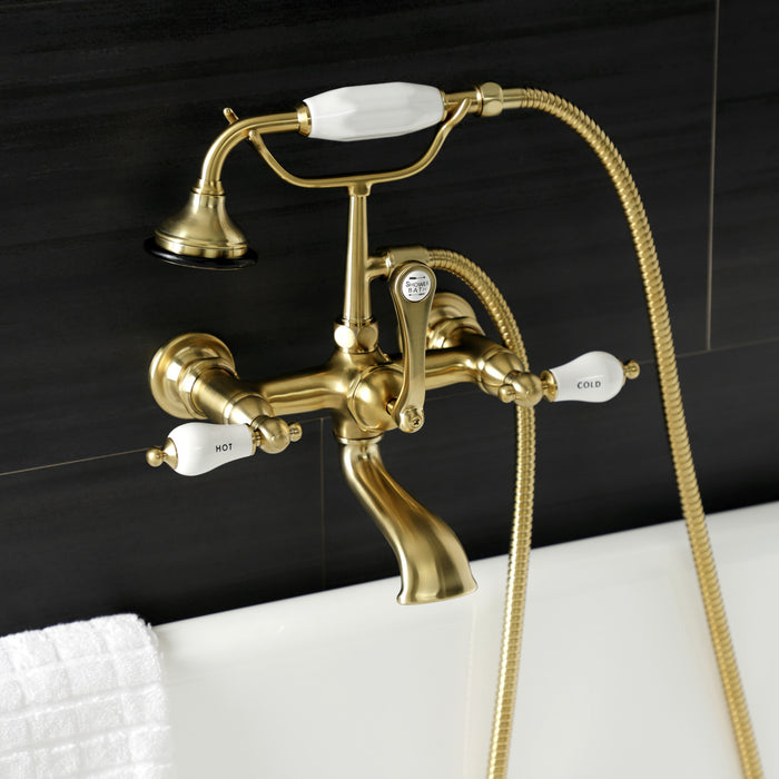 Kingston Heirloom AE555T7 - Aqua Vintage Three-Handle 2-Hole Tub Wall Mount Clawfoot Tub Faucet with Hand Shower, Brushed Brass