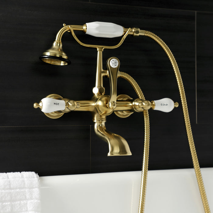 Kingston Heirloom AE555T7 - Aqua Vintage Three-Handle 2-Hole Tub Wall Mount Clawfoot Tub Faucet with Hand Shower, Brushed Brass