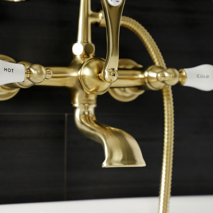 Kingston Heirloom AE555T7 - Aqua Vintage Three-Handle 2-Hole Tub Wall Mount Clawfoot Tub Faucet with Hand Shower, Brushed Brass