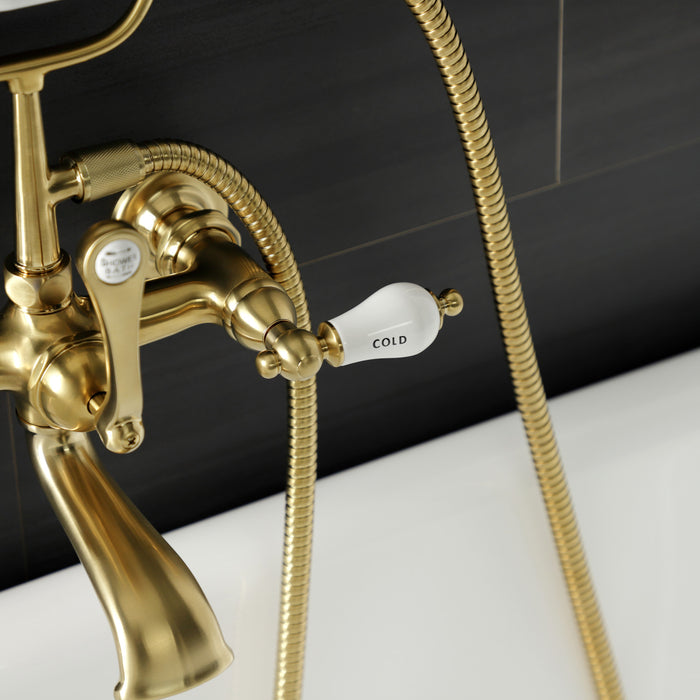 Kingston Heirloom AE555T7 - Aqua Vintage Three-Handle 2-Hole Tub Wall Mount Clawfoot Tub Faucet with Hand Shower, Brushed Brass
