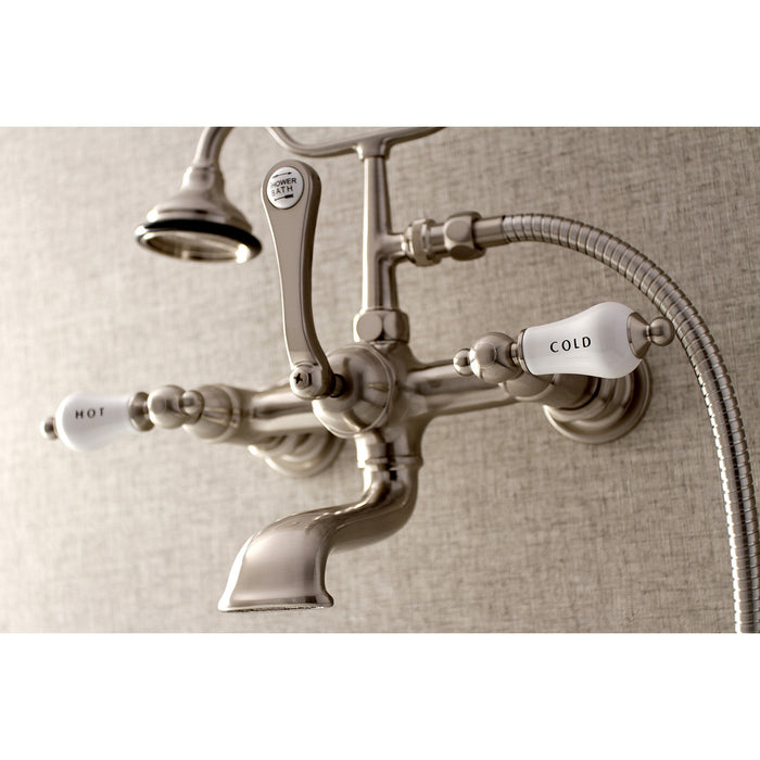 Kingston Heirloom AE555T8 - Aqua Vintage Three-Handle 2-Hole Tub Wall Mount Clawfoot Tub Faucet with Hand Shower, Brushed Nickel
