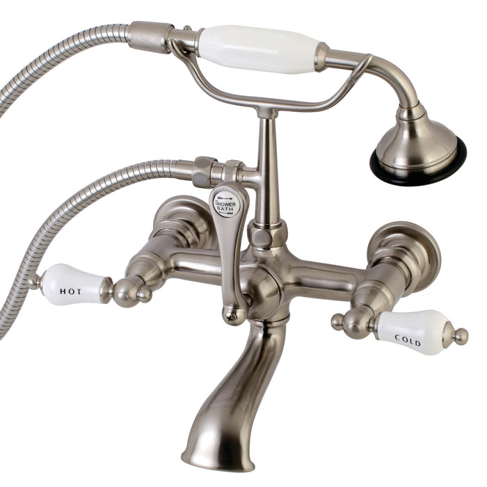 Kingston Heirloom AE555T8 - Aqua Vintage Three-Handle 2-Hole Tub Wall Mount Clawfoot Tub Faucet with Hand Shower, Brushed Nickel