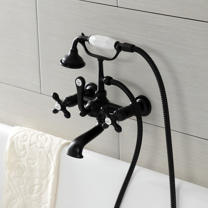 Kingston Heirloom AE557T0 - Aqua Vintage Three-Handle 2-Hole Tub Wall Mount Clawfoot Tub Faucet with Hand Shower, Matte Black
