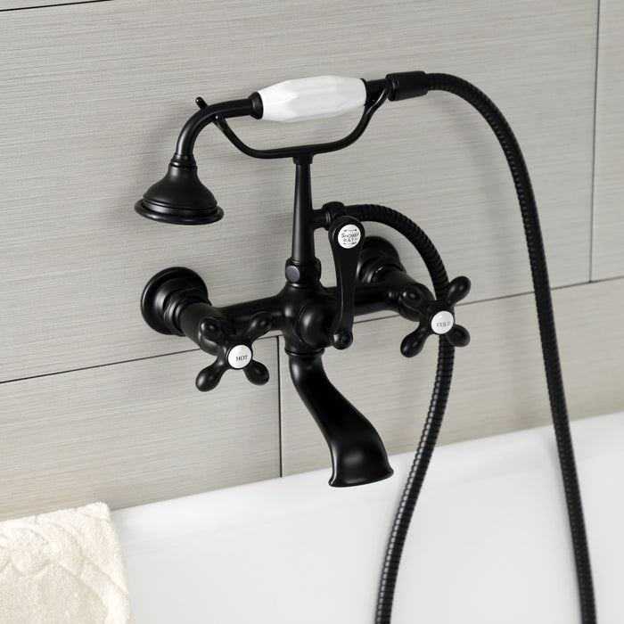 Kingston Heirloom AE557T0 - Aqua Vintage Three-Handle 2-Hole Tub Wall Mount Clawfoot Tub Faucet with Hand Shower, Matte Black