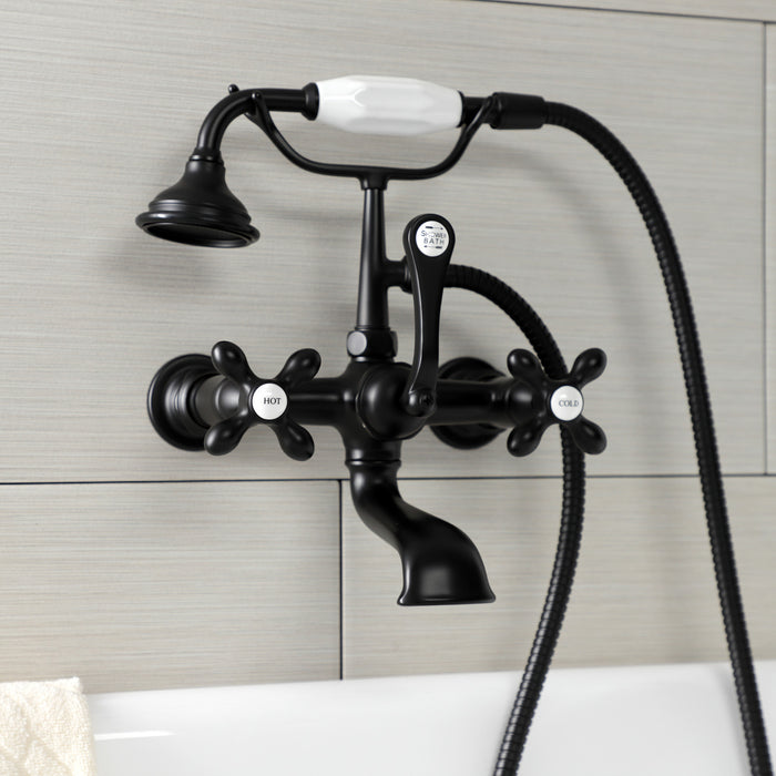 Kingston Heirloom AE557T0 - Aqua Vintage Three-Handle 2-Hole Tub Wall Mount Clawfoot Tub Faucet with Hand Shower, Matte Black