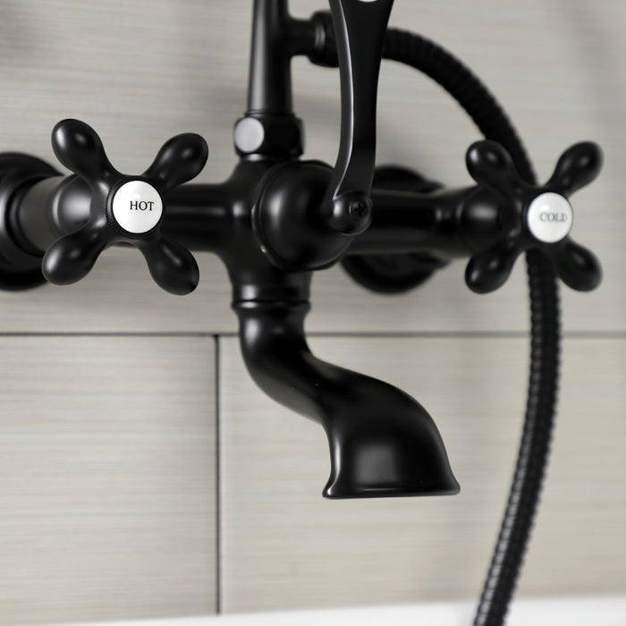 Kingston Heirloom AE557T0 - Aqua Vintage Three-Handle 2-Hole Tub Wall Mount Clawfoot Tub Faucet with Hand Shower, Matte Black