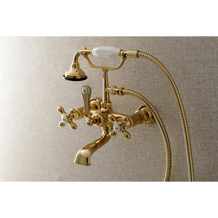 Kingston Heirloom AE557T2 - Aqua Vintage Three-Handle 2-Hole Tub Wall Mount Clawfoot Tub Faucet with Hand Shower, Polished Brass