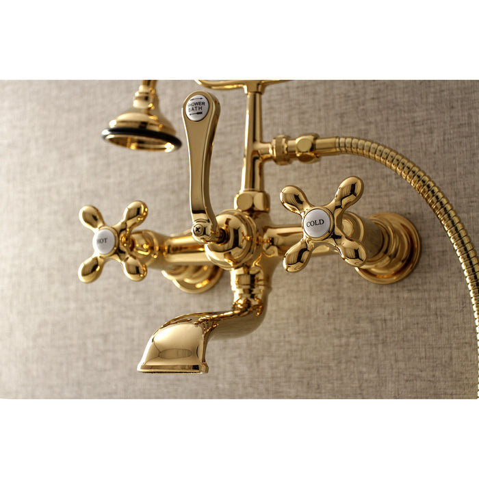 Kingston Heirloom AE557T2 - Aqua Vintage Three-Handle 2-Hole Tub Wall Mount Clawfoot Tub Faucet with Hand Shower, Polished Brass
