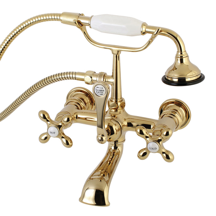 Kingston Heirloom AE557T2 - Aqua Vintage Three-Handle 2-Hole Tub Wall Mount Clawfoot Tub Faucet with Hand Shower, Polished Brass