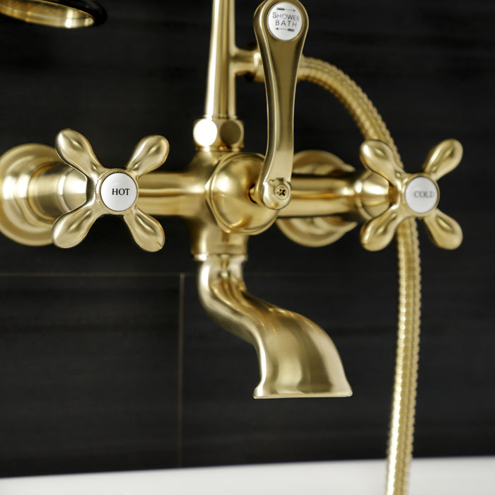 Kingston Heirloom AE557T7 - Aqua Vintage Three-Handle 2-Hole Tub Wall Mount Clawfoot Tub Faucet with Hand Shower, Brushed Brass