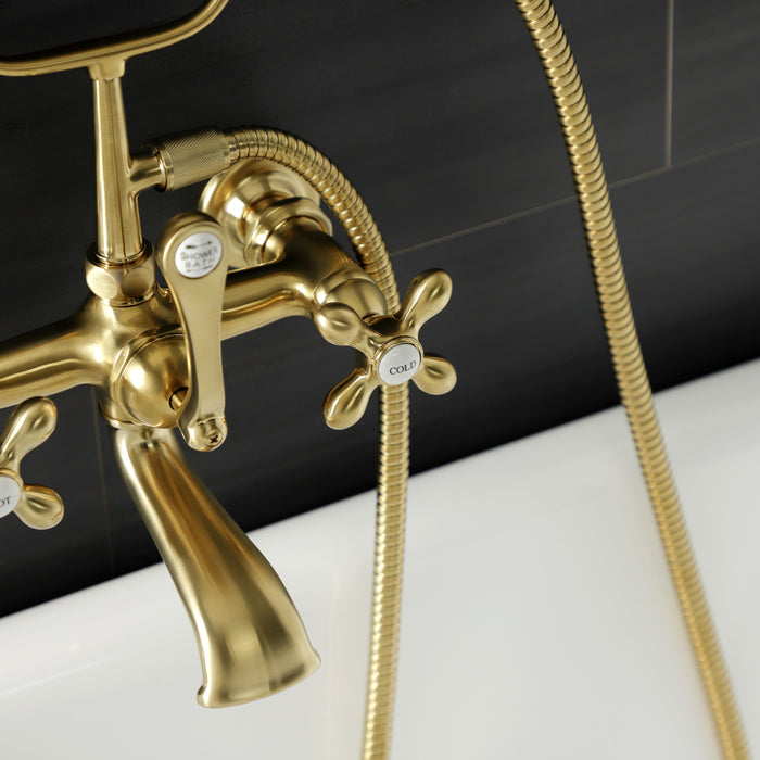 Kingston Heirloom AE557T7 - Aqua Vintage Three-Handle 2-Hole Tub Wall Mount Clawfoot Tub Faucet with Hand Shower, Brushed Brass