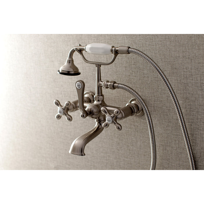 Kingston Heirloom AE557T8 - Aqua Vintage Three-Handle 2-Hole Tub Wall Mount Clawfoot Tub Faucet with Hand Shower, Brushed Nickel