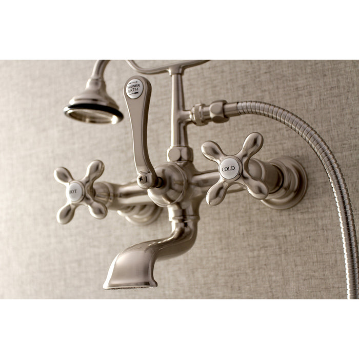 Kingston Heirloom AE557T8 - Aqua Vintage Three-Handle 2-Hole Tub Wall Mount Clawfoot Tub Faucet with Hand Shower, Brushed Nickel