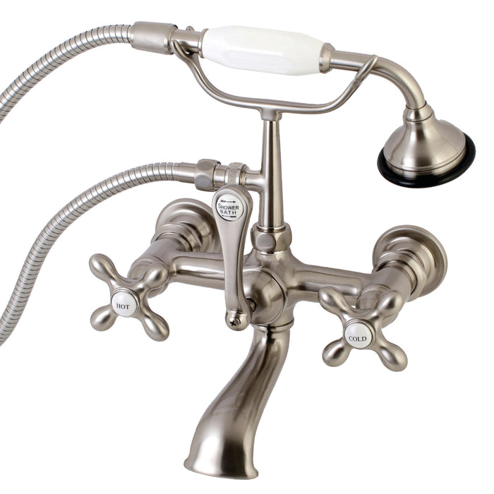 Kingston Heirloom AE557T8 - Aqua Vintage Three-Handle 2-Hole Tub Wall Mount Clawfoot Tub Faucet with Hand Shower, Brushed Nickel
