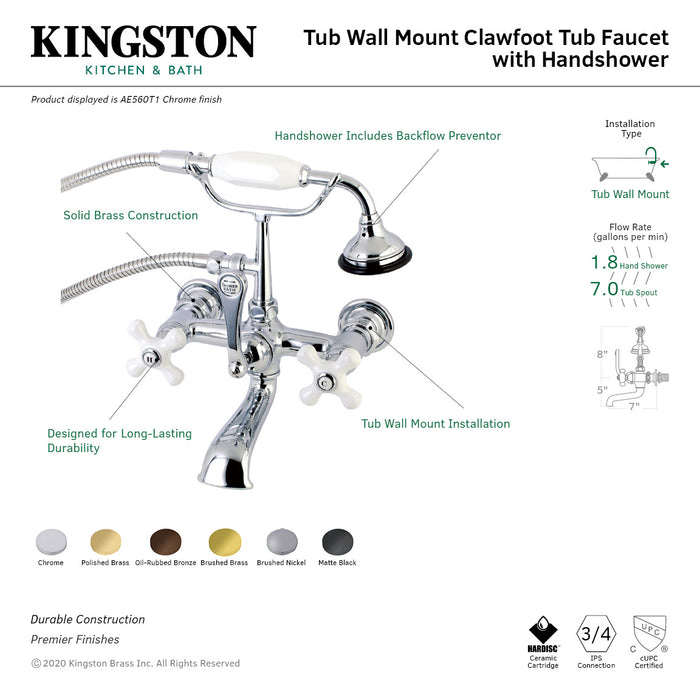 Kingston Heirloom AE559T0 - Aqua Vintage Three-Handle 2-Hole Tub Wall Mount Clawfoot Tub Faucet with Hand Shower, Matte Black