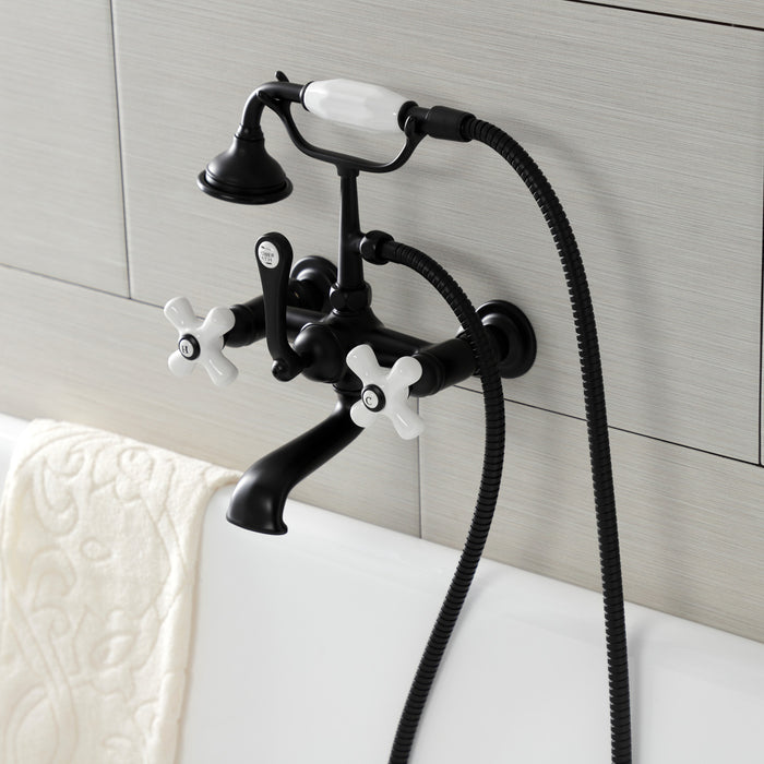 Kingston Heirloom AE559T0 - Aqua Vintage Three-Handle 2-Hole Tub Wall Mount Clawfoot Tub Faucet with Hand Shower, Matte Black