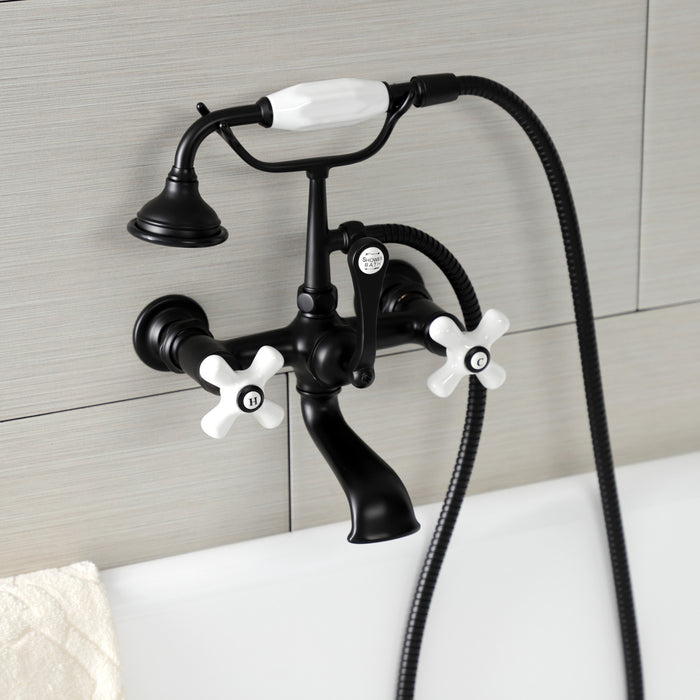 Kingston Heirloom AE559T0 - Aqua Vintage Three-Handle 2-Hole Tub Wall Mount Clawfoot Tub Faucet with Hand Shower, Matte Black
