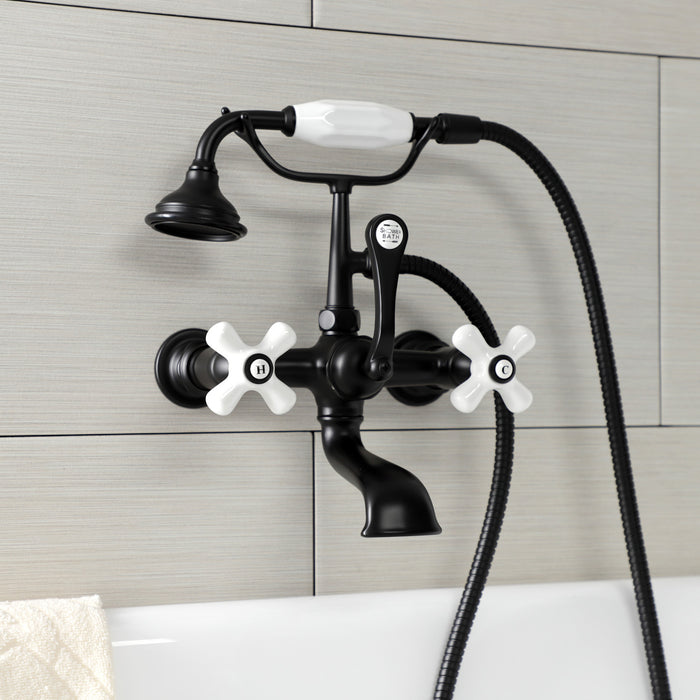 Kingston Heirloom AE559T0 - Aqua Vintage Three-Handle 2-Hole Tub Wall Mount Clawfoot Tub Faucet with Hand Shower, Matte Black