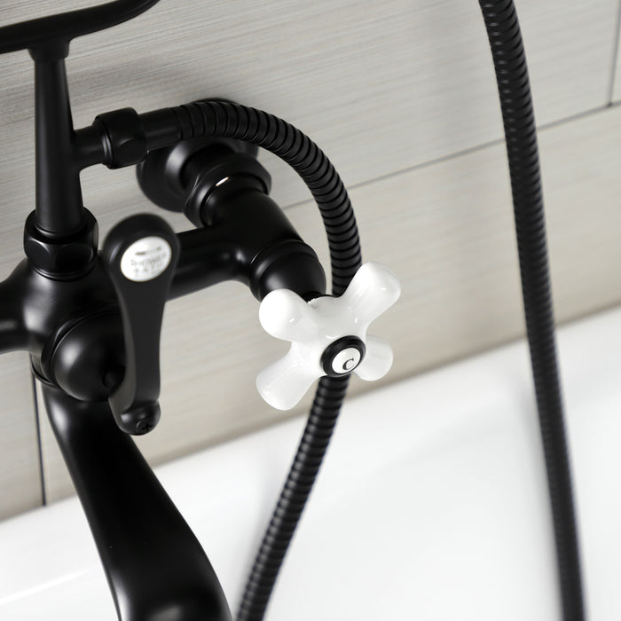 Kingston Heirloom AE559T0 - Aqua Vintage Three-Handle 2-Hole Tub Wall Mount Clawfoot Tub Faucet with Hand Shower, Matte Black