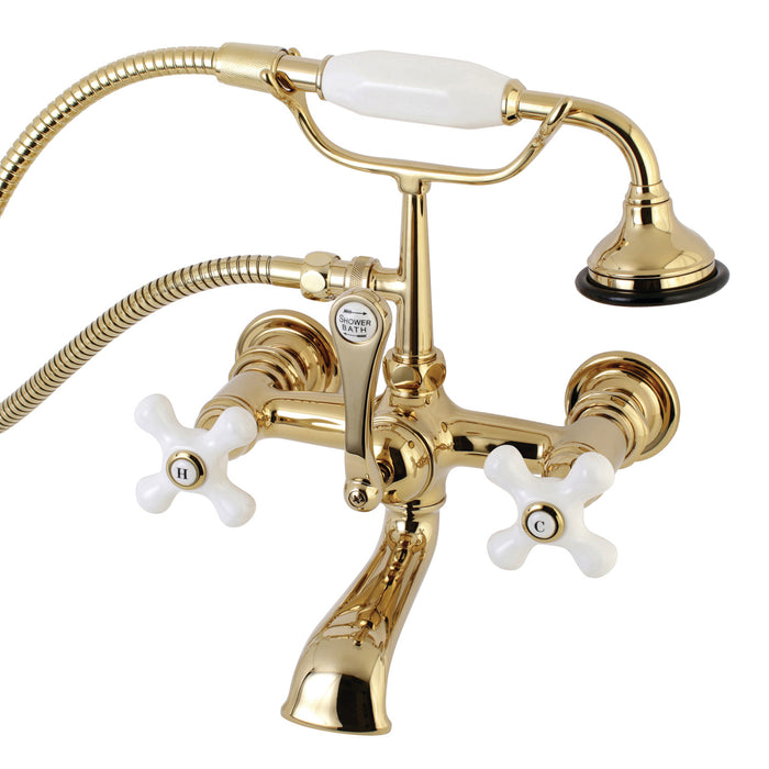 Kingston Heirloom AE559T2 - Aqua Vintage Three-Handle 2-Hole Tub Wall Mount Clawfoot Tub Faucet with Hand Shower, Polished Brass