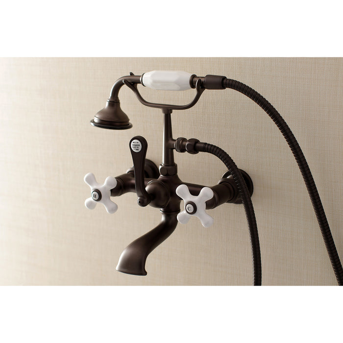Kingston Heirloom AE559T5 - Aqua Vintage Three-Handle 2-Hole Tub Wall Mount Clawfoot Tub Faucet with Hand Shower, Oil Rubbed Bronze