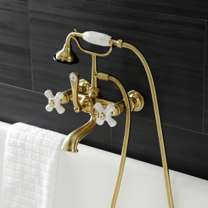 Kingston Heirloom AE559T7 - Aqua Vintage Three-Handle 2-Hole Tub Wall Mount Clawfoot Tub Faucet with Hand Shower, Brushed Brass