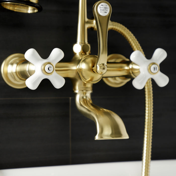 Kingston Heirloom AE559T7 - Aqua Vintage Three-Handle 2-Hole Tub Wall Mount Clawfoot Tub Faucet with Hand Shower, Brushed Brass