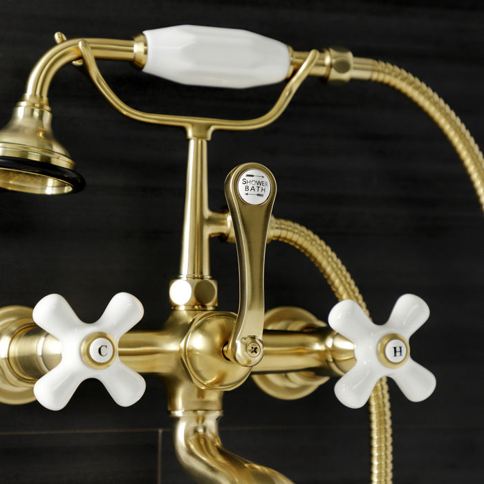 Kingston Heirloom AE559T7 - Aqua Vintage Three-Handle 2-Hole Tub Wall Mount Clawfoot Tub Faucet with Hand Shower, Brushed Brass