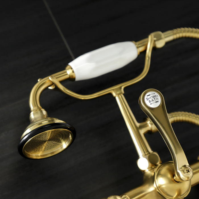Kingston Heirloom AE559T7 - Aqua Vintage Three-Handle 2-Hole Tub Wall Mount Clawfoot Tub Faucet with Hand Shower, Brushed Brass