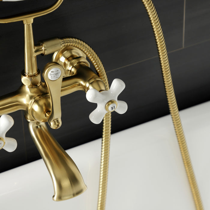 Kingston Heirloom AE559T7 - Aqua Vintage Three-Handle 2-Hole Tub Wall Mount Clawfoot Tub Faucet with Hand Shower, Brushed Brass