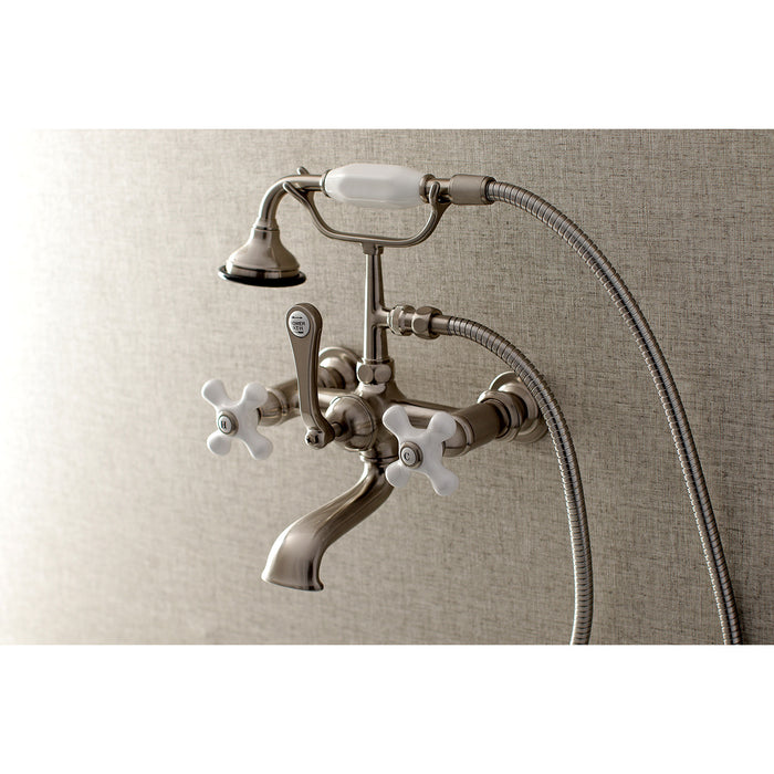 Kingston Heirloom AE559T8 - Aqua Vintage Three-Handle 2-Hole Tub Wall Mount Clawfoot Tub Faucet with Hand Shower, Brushed Nickel