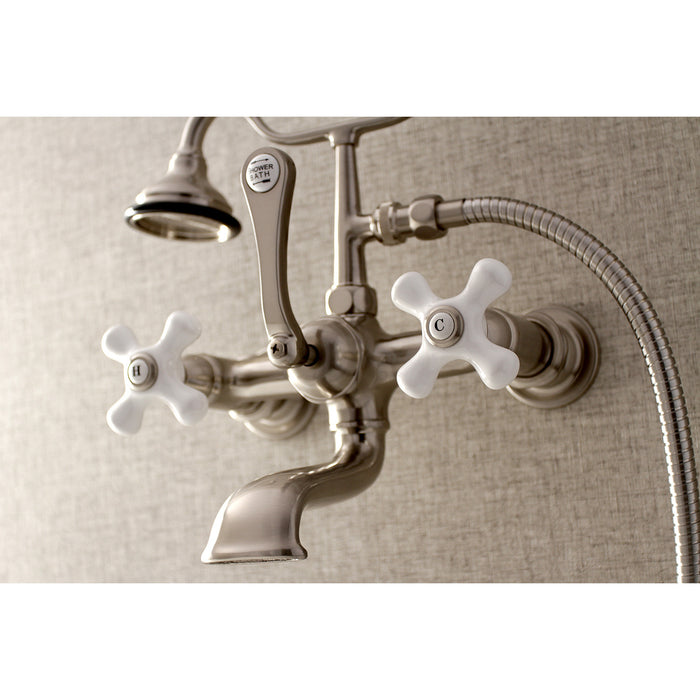 Kingston Heirloom AE559T8 - Aqua Vintage Three-Handle 2-Hole Tub Wall Mount Clawfoot Tub Faucet with Hand Shower, Brushed Nickel