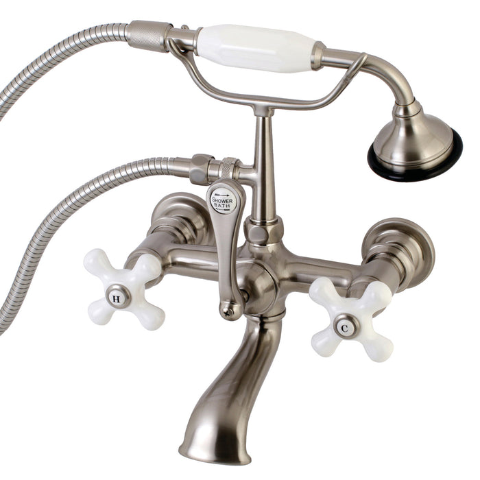 Kingston Heirloom AE559T8 - Aqua Vintage Three-Handle 2-Hole Tub Wall Mount Clawfoot Tub Faucet with Hand Shower, Brushed Nickel