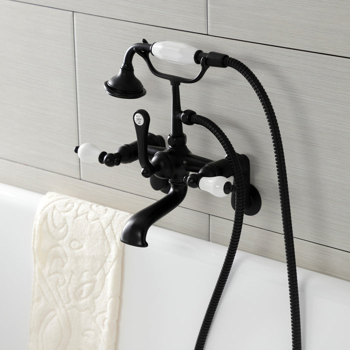 Kingston Heirloom AE55T0 - Aqua Vintage Three-Handle 2-Hole Tub Wall Mount Clawfoot Tub Faucet with Hand Shower, Matte Black