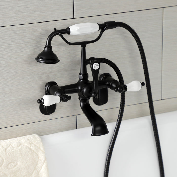Kingston Heirloom AE55T0 - Aqua Vintage Three-Handle 2-Hole Tub Wall Mount Clawfoot Tub Faucet with Hand Shower, Matte Black