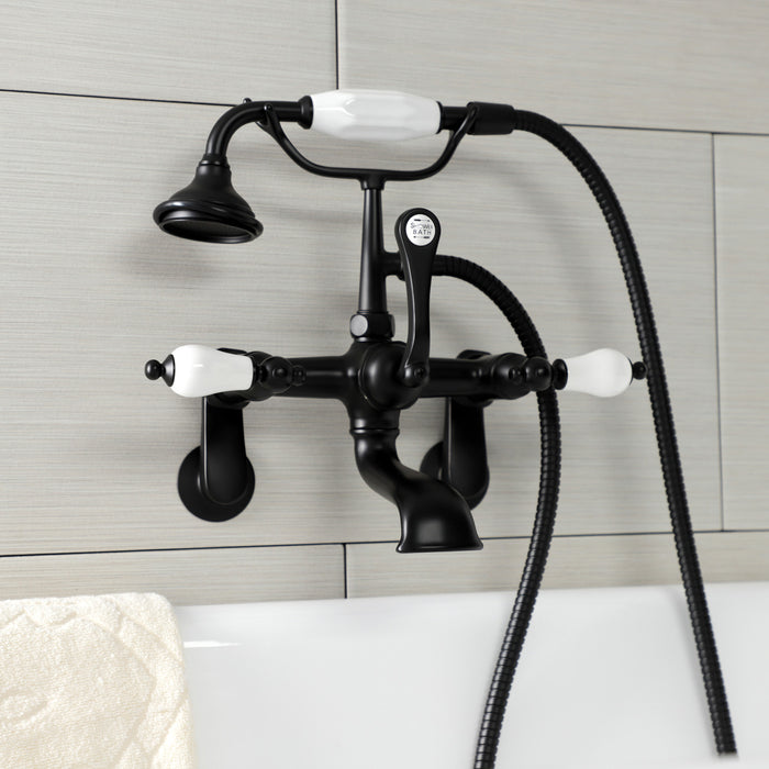 Kingston Heirloom AE55T0 - Aqua Vintage Three-Handle 2-Hole Tub Wall Mount Clawfoot Tub Faucet with Hand Shower, Matte Black