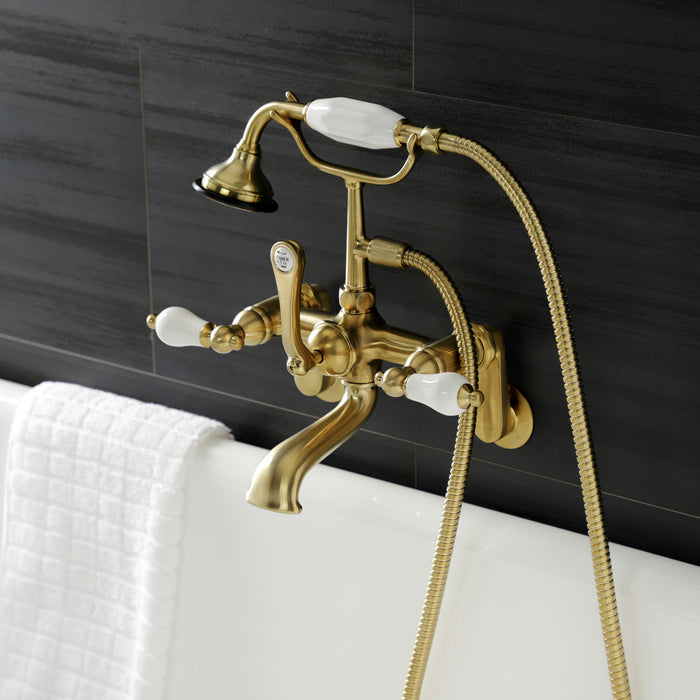 Kingston Heirloom AE55T7 - Aqua Vintage Three-Handle 2-Hole Tub Wall Mount Clawfoot Tub Faucet with Hand Shower, Brushed Brass