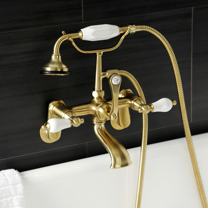 Kingston Heirloom AE55T7 - Aqua Vintage Three-Handle 2-Hole Tub Wall Mount Clawfoot Tub Faucet with Hand Shower, Brushed Brass