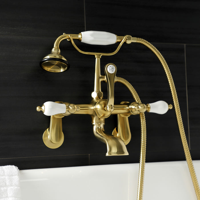 Kingston Heirloom AE55T7 - Aqua Vintage Three-Handle 2-Hole Tub Wall Mount Clawfoot Tub Faucet with Hand Shower, Brushed Brass