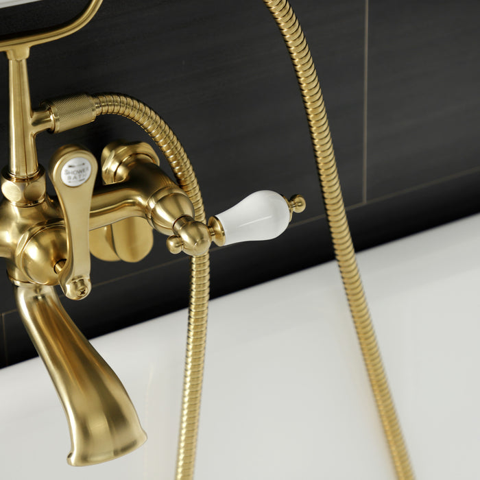 Kingston Heirloom AE55T7 - Aqua Vintage Three-Handle 2-Hole Tub Wall Mount Clawfoot Tub Faucet with Hand Shower, Brushed Brass