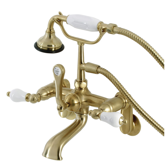 Kingston Heirloom AE55T7 - Aqua Vintage Three-Handle 2-Hole Tub Wall Mount Clawfoot Tub Faucet with Hand Shower, Brushed Brass